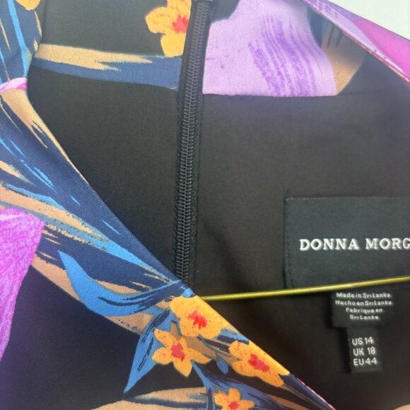 Donna Morgan High Asymmetric Neck Long Sleeve Mini Dress Lillies Black/Lilac 14 - Picture 6 of 8